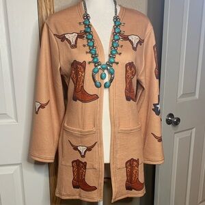 WESTERN Tan Cardigan with Boots Longhorns Pockets Open Front Long Sleeve Small
